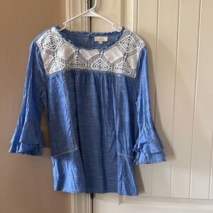 LOFT Blue Blouse with White Lace Detail
